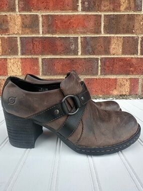 Born Shoes Chunky Brown Heeled Ankle Shoe with Black Strap Ankle-Style Boot BOHO
